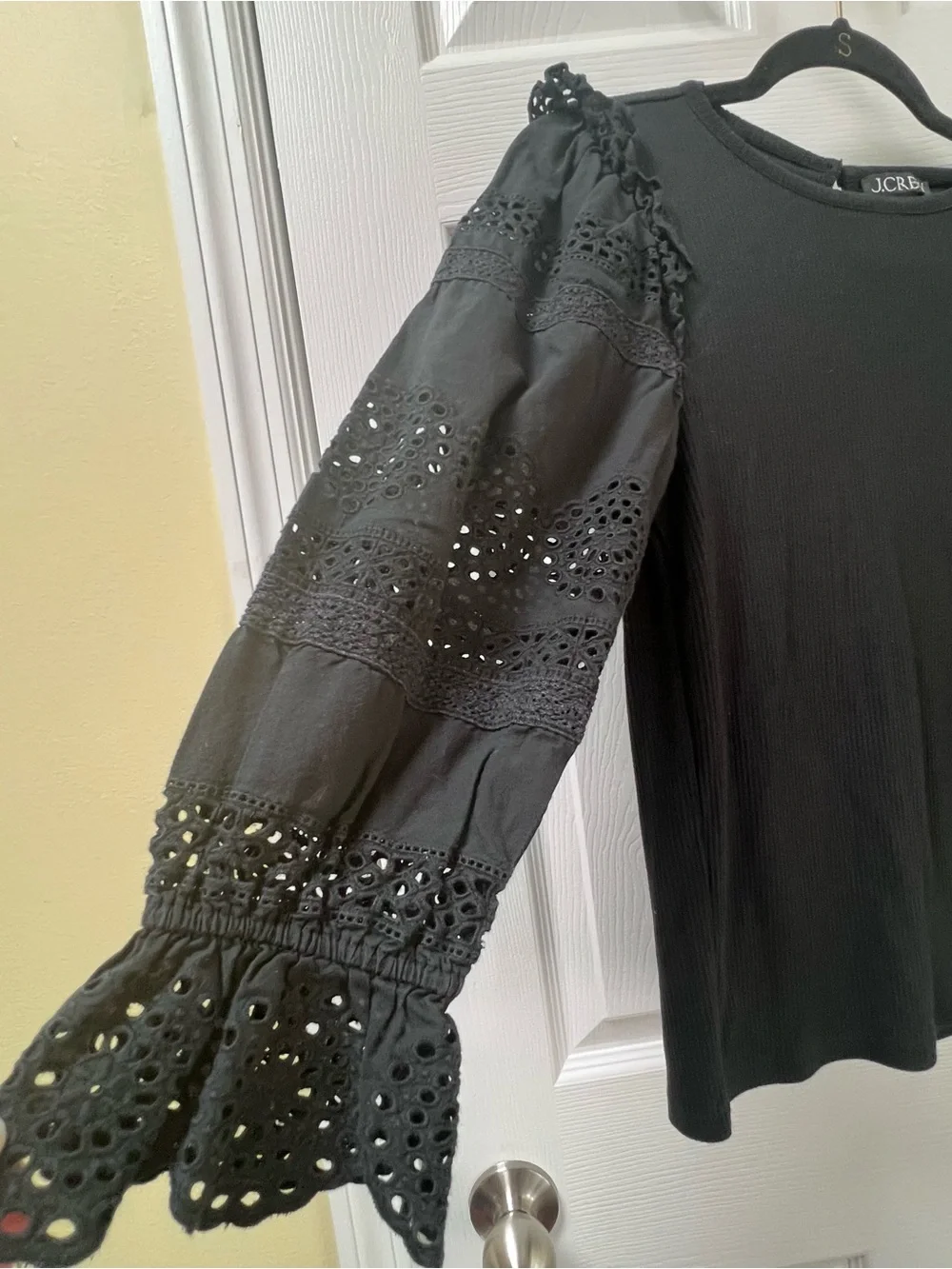 J. Crew Black Ribbed Knit Top with Eyelet Balloon Sleeves